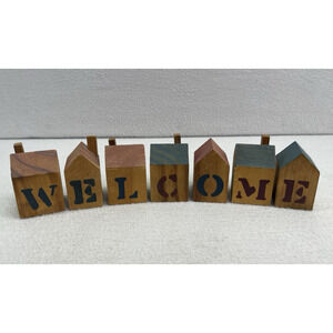 VTG Primitive Wooden Welcome Blocks Folk Art Farmhouse Rustic Country Decor 90s